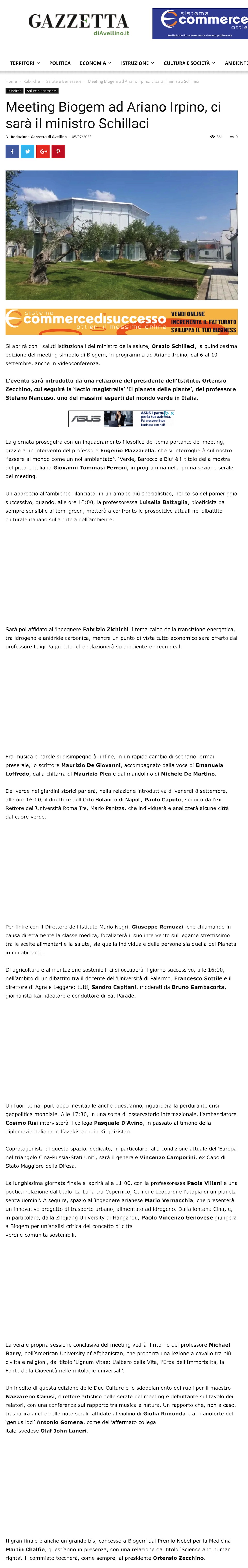 Meeting Biogem ad Ariano Irpino, ci sarà il ministro Schillaci